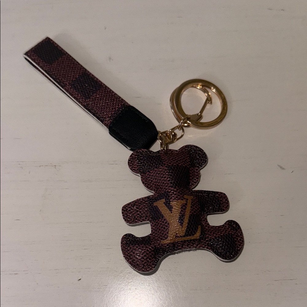 L V Inspired Monogram Bear Charm in Brown and Gold